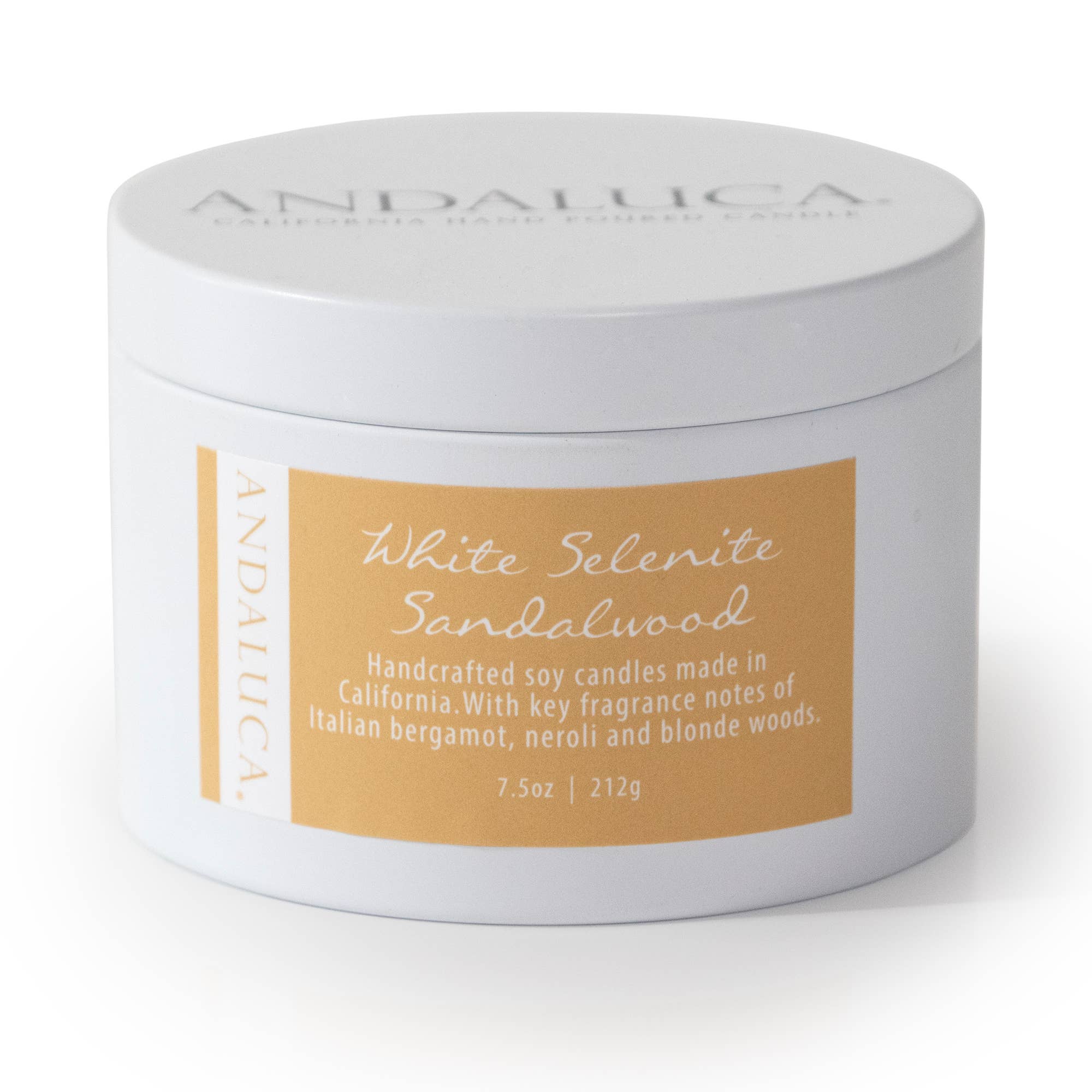 White Selenite Sandalwood 7.5 oz. Tin Candle