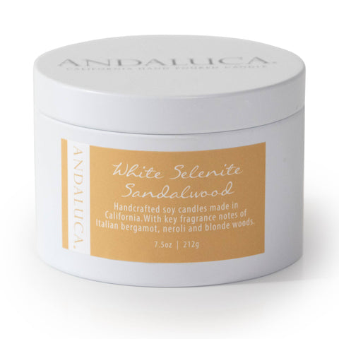 White Selenite Sandalwood 7.5 oz. Tin Candle