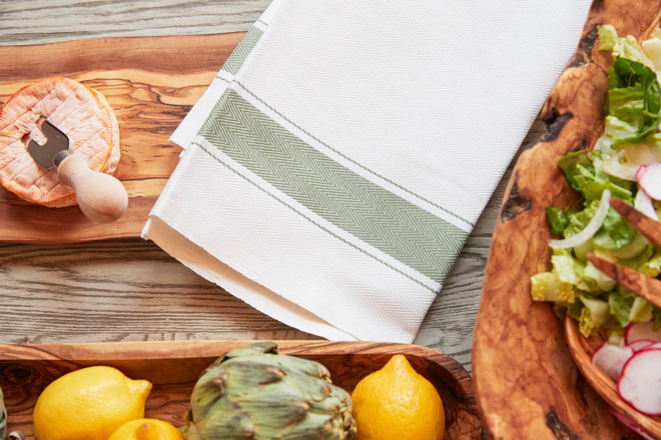 Classic Italian Kitchen Tea Towel - Herringbone Green