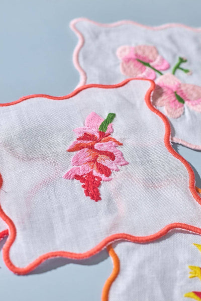Flores Embroidered Linen Coaster/Cocktail Napkin, Set of 4