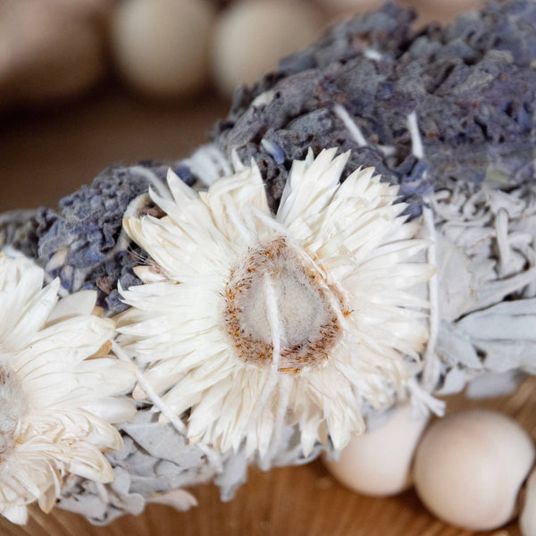 4" Lavender Strawflower and White Sage Smudge Wand
