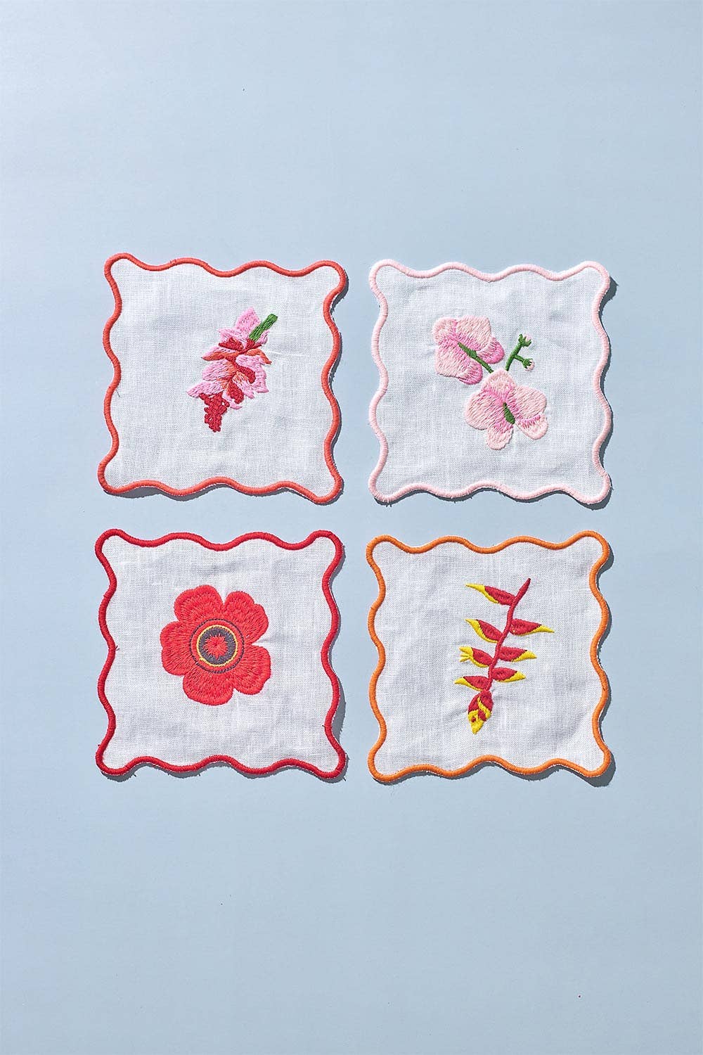Flores Embroidered Linen Coaster/Cocktail Napkin, Set of 4