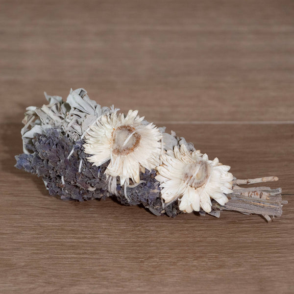 4" Lavender Strawflower and White Sage Smudge Wand