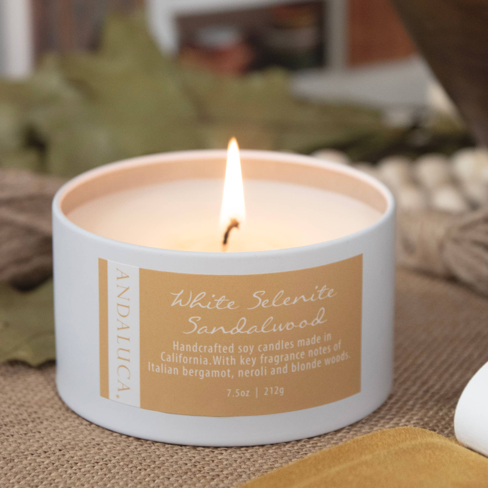 White Selenite Sandalwood 7.5 oz. Tin Candle