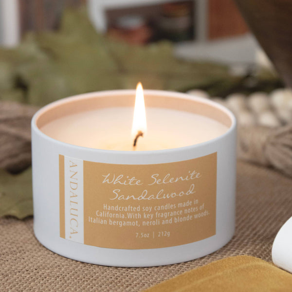 White Selenite Sandalwood 7.5 oz. Tin Candle