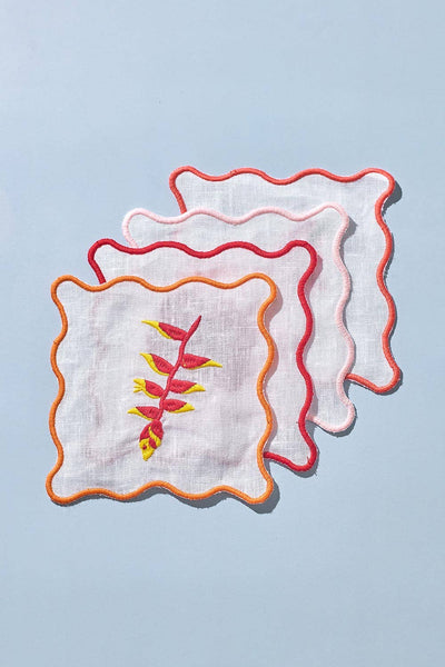 Flores Embroidered Linen Coaster/Cocktail Napkin, Set of 4