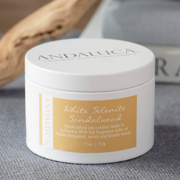 White Selenite Sandalwood 7.5 oz. Tin Candle