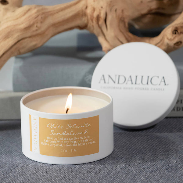 White Selenite Sandalwood 7.5 oz. Tin Candle
