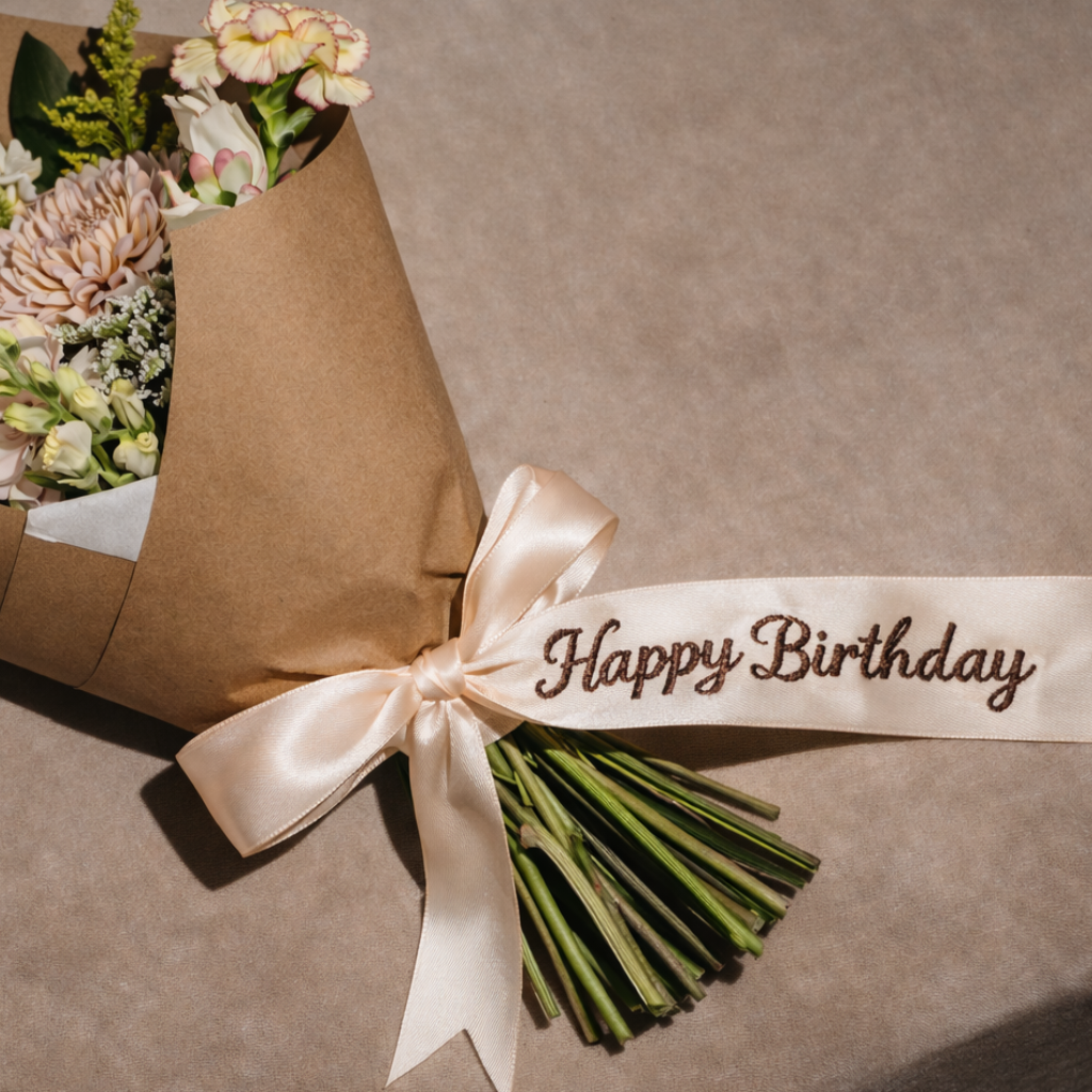 bouquet with embroidered ribbon 