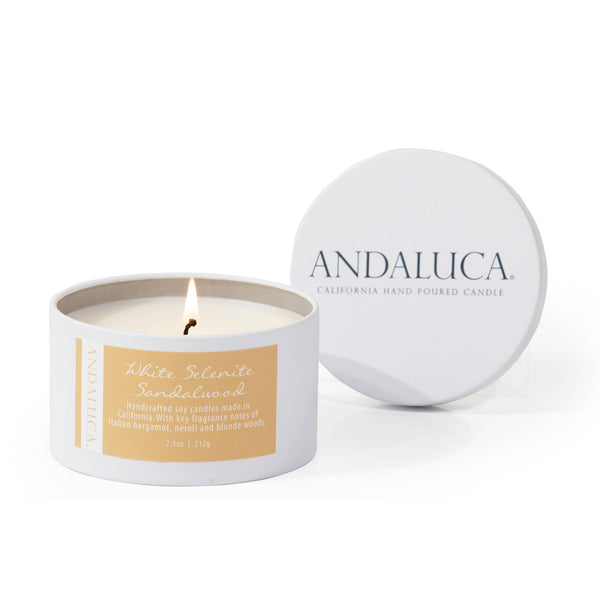 White Selenite Sandalwood 7.5 oz. Tin Candle