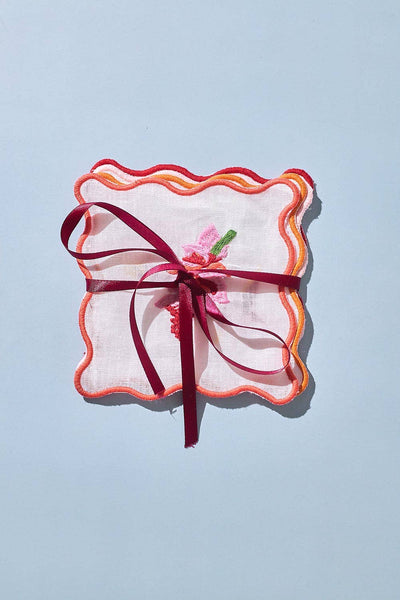Flores Embroidered Linen Coaster/Cocktail Napkin, Set of 4