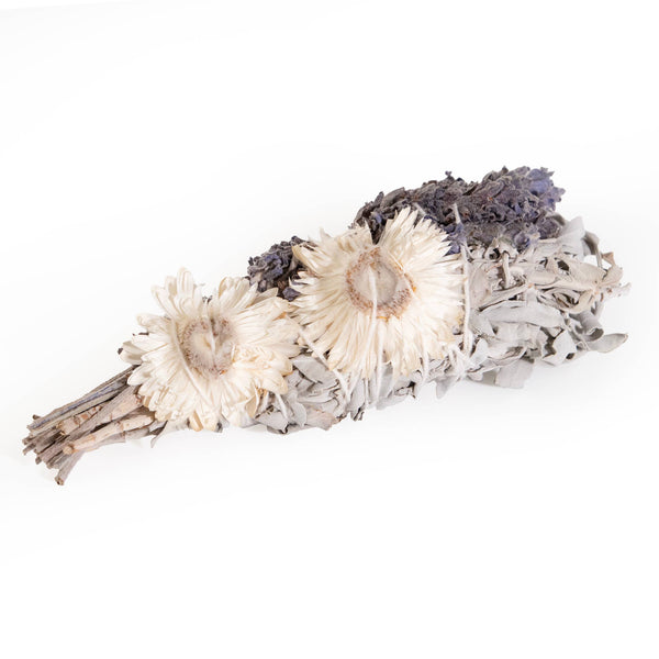 4" Lavender Strawflower and White Sage Smudge Wand