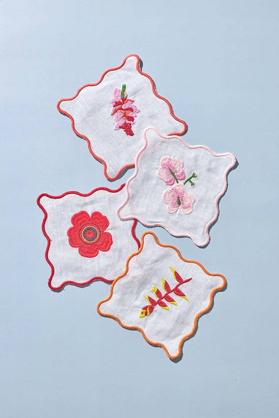 Flores Embroidered Linen Coaster/Cocktail Napkin, Set of 4