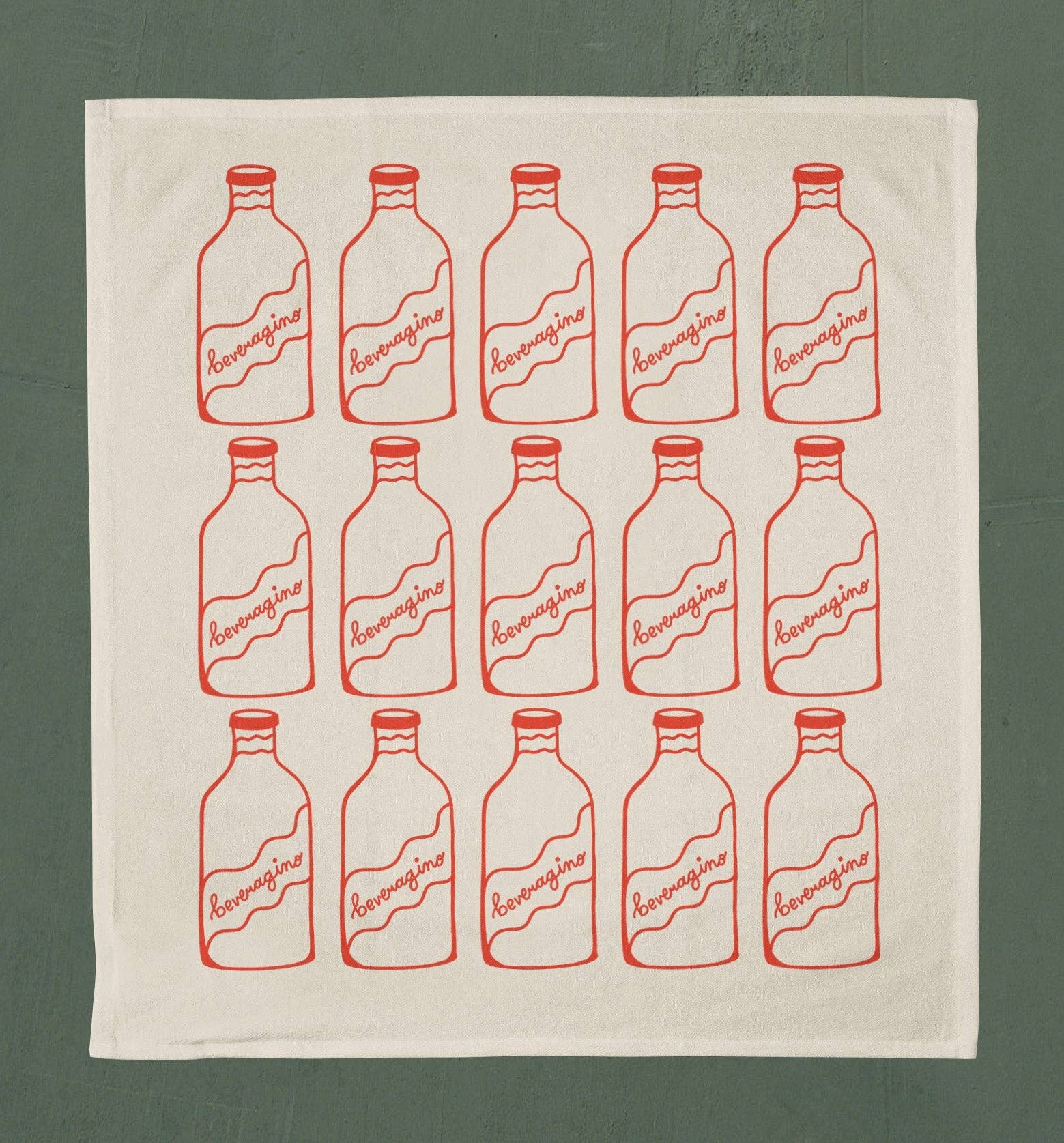 Red Beveragino Tea Towel Natural Unbleached Fabric