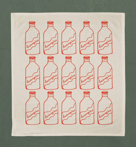 Red Beveragino Tea Towel Natural Unbleached Fabric